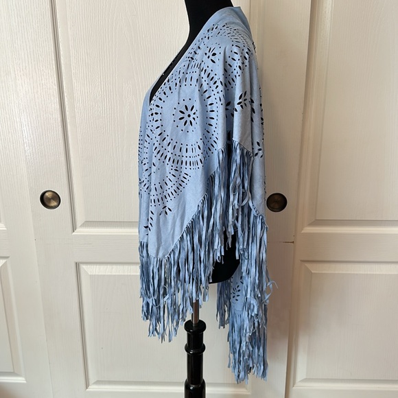 Blue Faux Suede Cutout Fringe Shawl - Picture 2 of 6